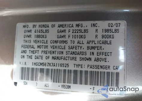 2007 Honda Accord 2.4 Ex z USA, uszkodzony, nr VIN 1HGCM567X7A116525